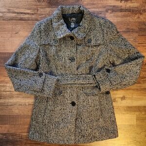 Nicole Miller Herringbone Black & White Winter Pea Coat